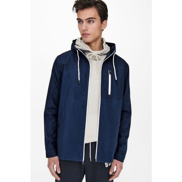 ONLY & SONS Men's Dark Blue Hooded Zipped Windbreaker ~ Size Small - Picture 1 of 15